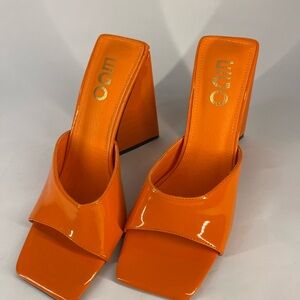 EGO Official Orange Patent Square Toe Triangle Block Heel Mules, Women's Size 6